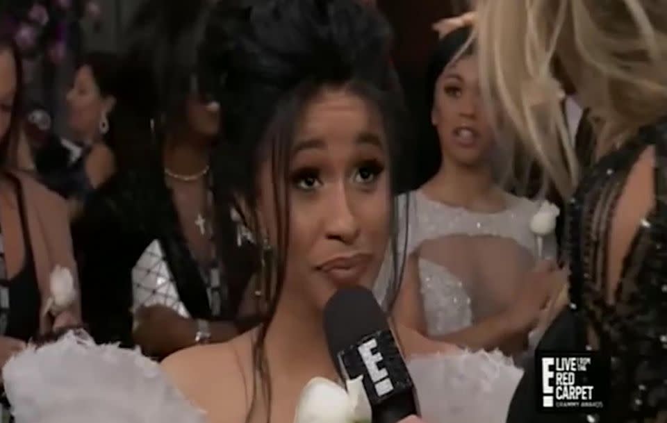 Cardi B addressed rumours head on while on the Grammys red carpet. Source: E!