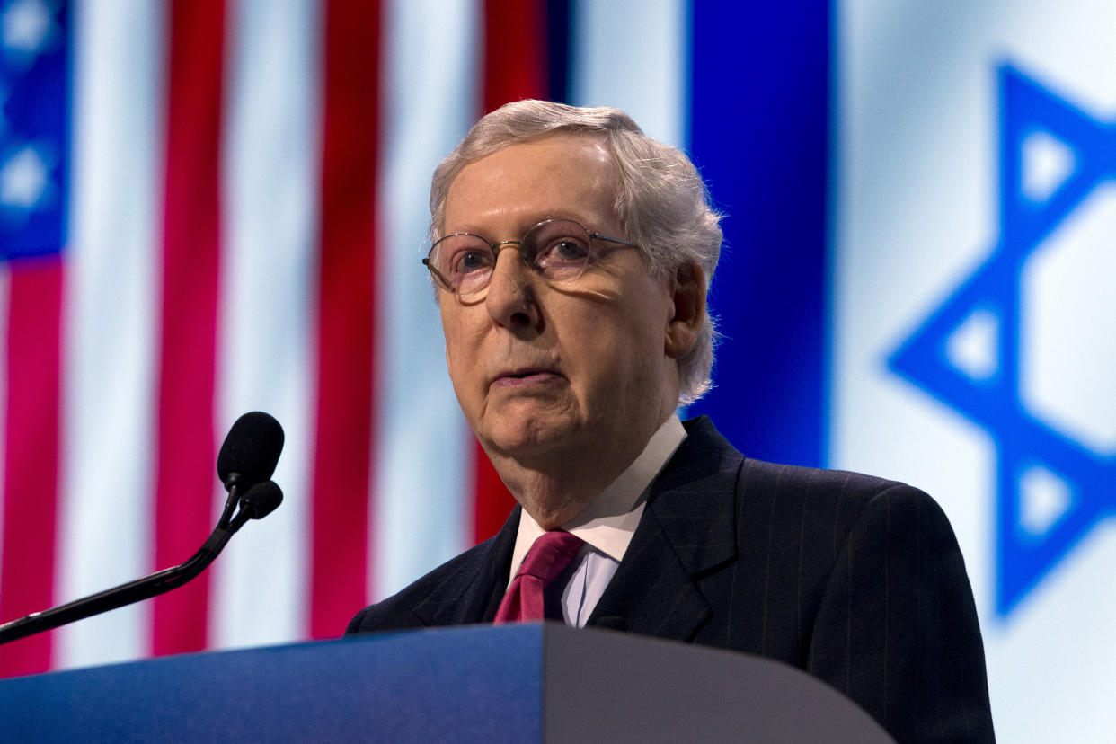 Senate Majority Leader Mitch McConnell, R-Ky., speaks at the 2019 American Israel Public Affairs Committee (AIPAC) policy conference, at Washington Convention Center, in Washington, Tuesday, March 26, 2019. (AP Photo/Jose Luis Magana)