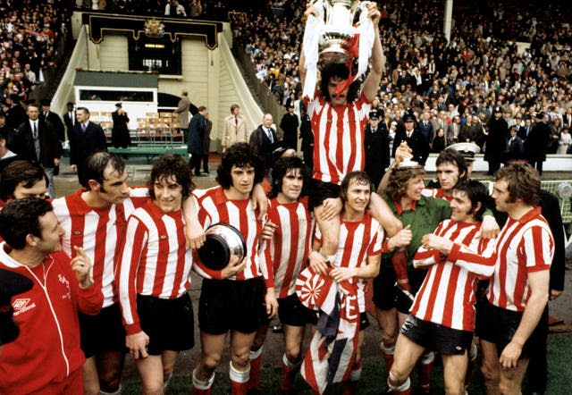 Sunderland’s captain Bobby Kerr is held aloft by team-mates Billy Hughes and Jim Montgomery after the FA Cup Final victory