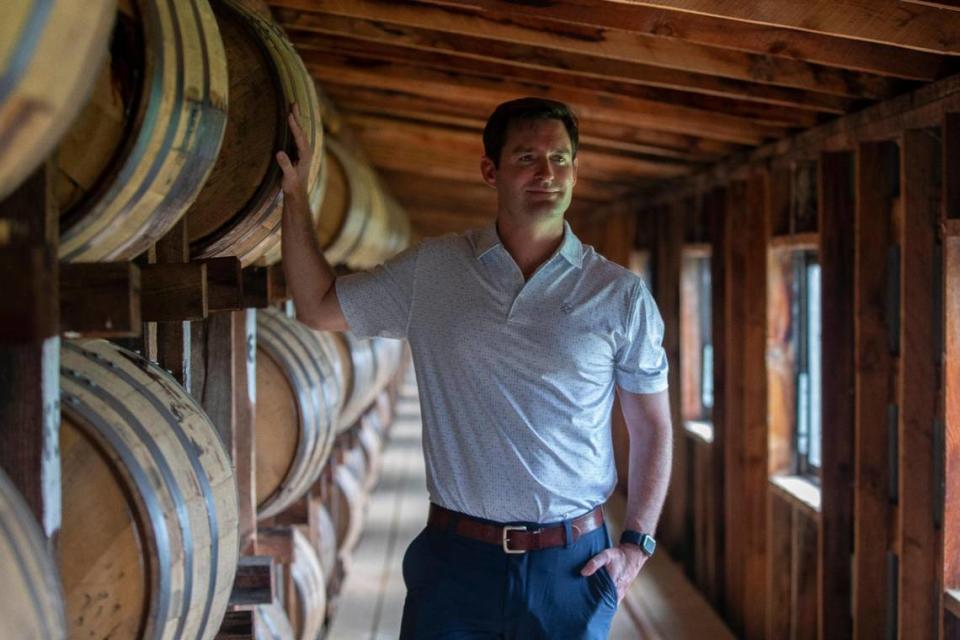 Blake Layfield, senior director and head of innovation, blending and quality at Maker’s Mark Distillery, poses for a portrait in one of the distillery’s warehouses in Loretto, Ky., on Thursday, Aug. 10, 2023.