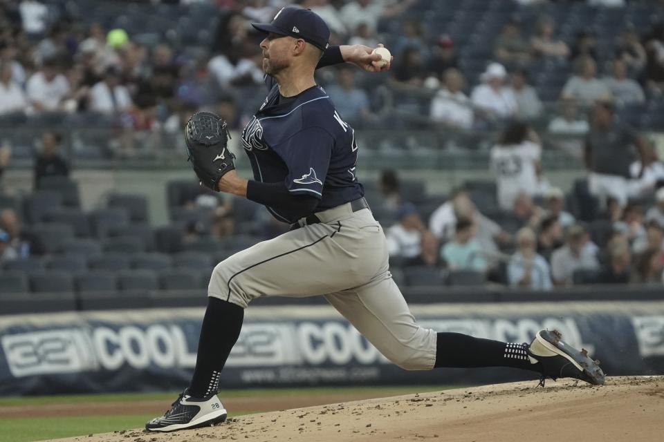 Tampa Bay Rays pitcher Corey Kluber (28) pitches during first inning of a baseball game against New York Yankees, Tuesday June 14, 2022, in New York. (AP Photo/Bebeto Matthews)