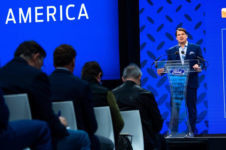 Ford Motor Company CEO Jim Farley speaks about the BlueOval Battery Park Michigan to be built in Marshall during a press announcement at Ford Ion Park in Romulus on Monday, February 13, 2023. 
