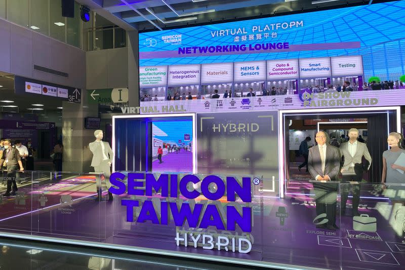 Booth promoting Semicon Taiwan 2020 Hybrid is seen at an exhibition center in Taipei