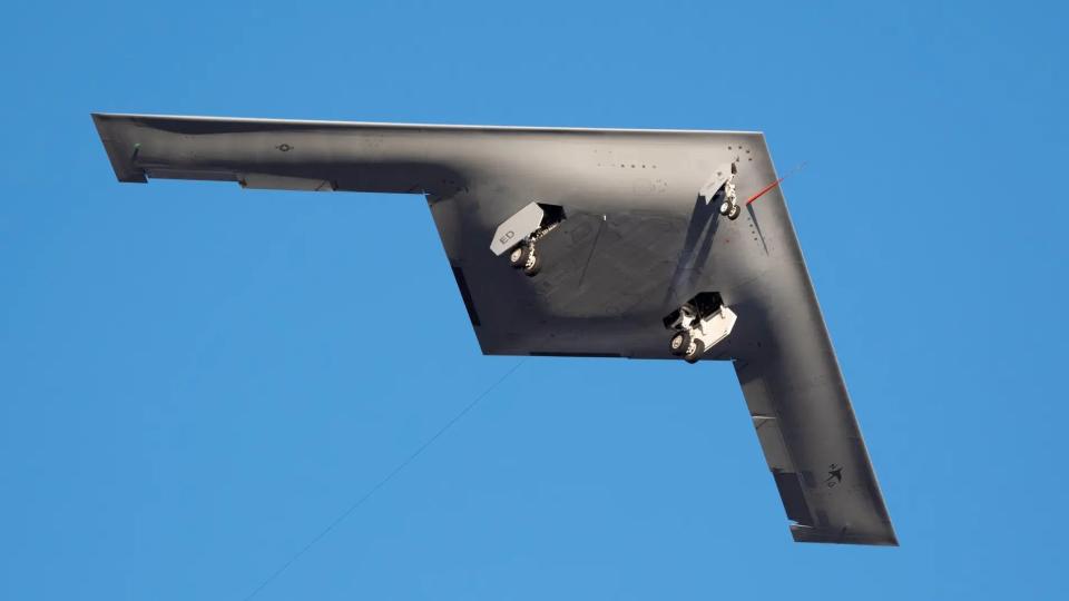 The B-21 flies overhead during its first flight on November 10, 2023. <em>Uncredited</em>