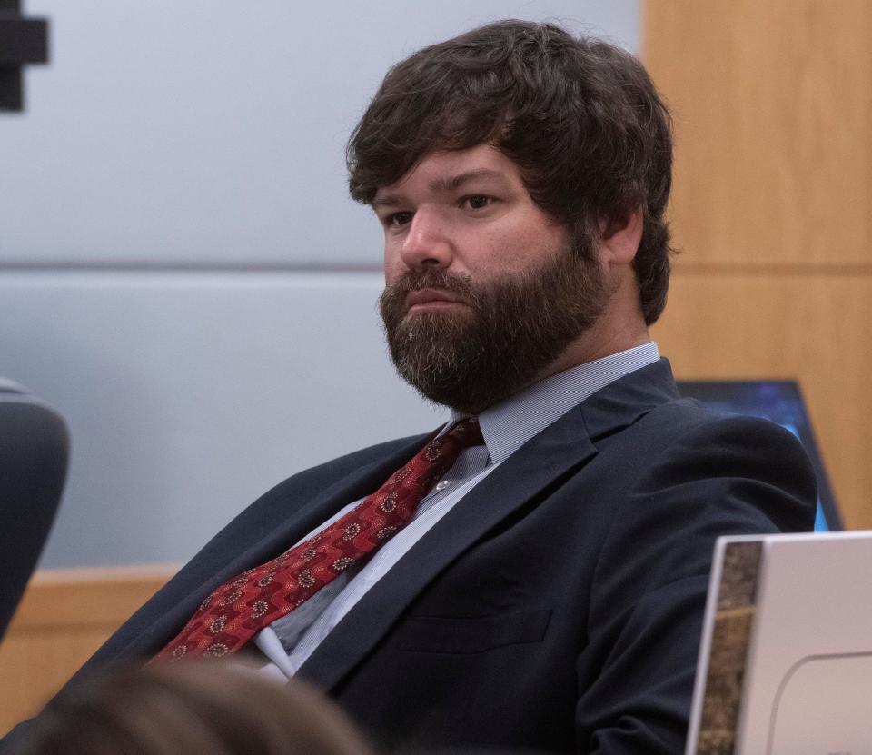 Travis Gill describes the damage to his oyster farm during Hurricane Sally during courtroom testimony on Wednesday, Nov. 8, 2023. Gill is suing bridge builder Skanska for his losses caused by the company's runaway barges.