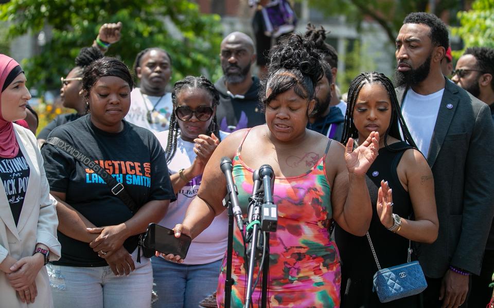 Tamika Palmer, mother of Breonna Taylor, speaks in front of a crowd at Jefferson Square Park on Monday, June 5, 2023, as part of a campaign to defeat Kentucky Attorney General Daniel Cameron as he runs for governor against Gov. Andy Beshear.