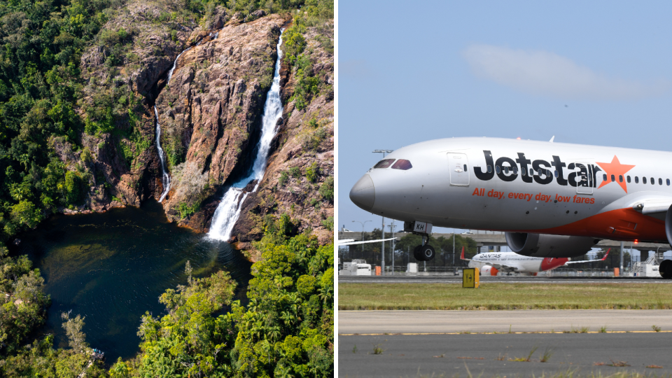 A composite image of a waterfall in the Northern Territory and a Jetstar plane.