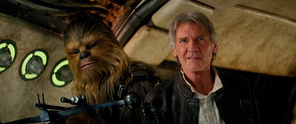 "Chewie, we're home": Han Solo (Harrison Ford) and his Wookiee co-pilot Chewbacca reunited with their ship, the Millennium Falcon, in "The Force Awakens."