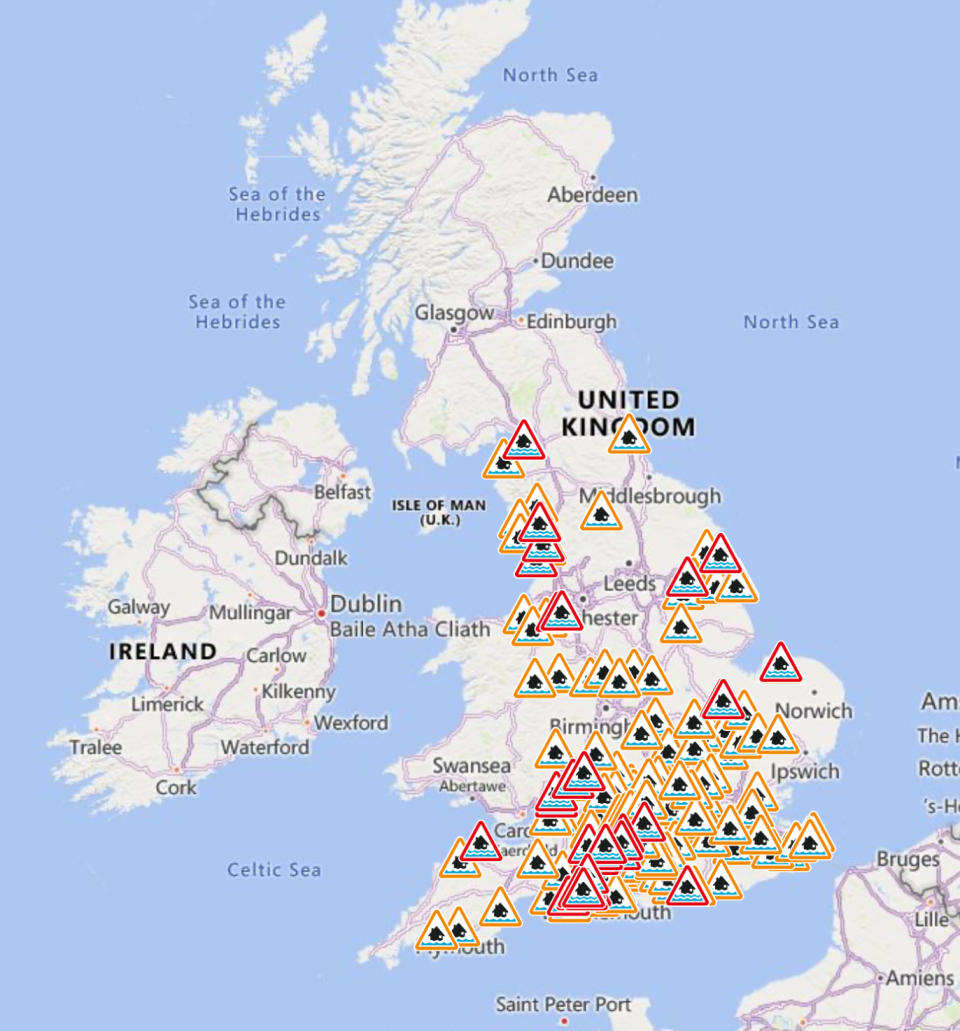 Flood warnings and flood warnings are in place for Wednesday.  (Environmental agency)