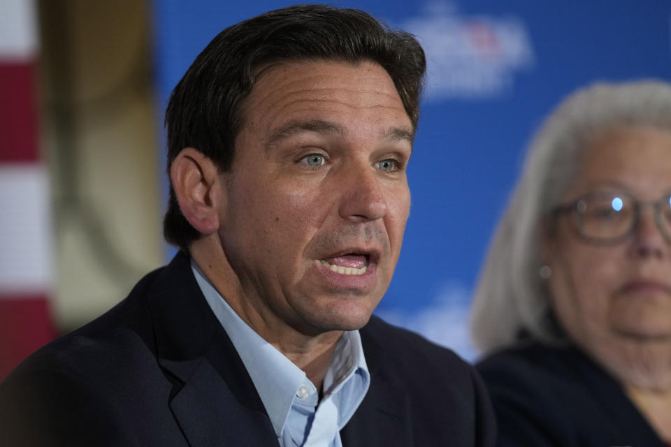 Florida Gov. Ron DeSantis speaks at a political roundtable, Friday, May 19, 2023, in Bedford, N.H. (AP Photo/Robert F. Bukaty)