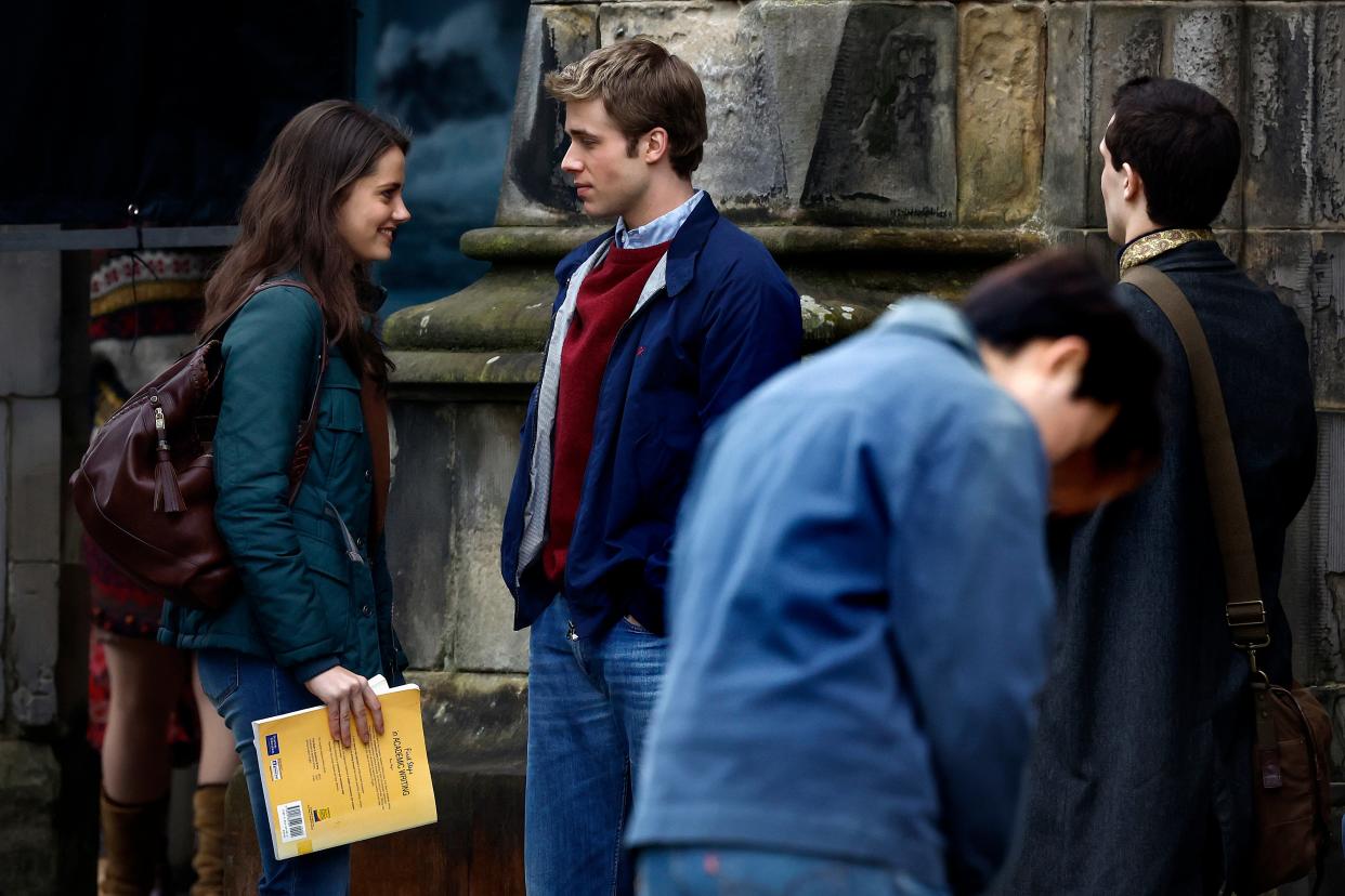 Ed McVey, as Prince William and Meg Bellamy, who plays Kate Middleton are seen during filming for the next season of The Crown in St Andrews,  on March 17, 2023 (Getty Images)