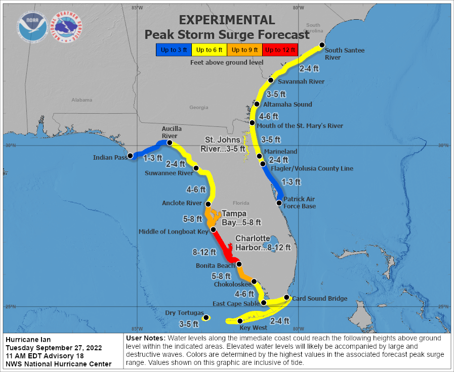 The 11 a.m. forecast advisory shows that the Big Bend coastline between Indian Pass and the Aucilla River could see 1 to 3 feet of surge.