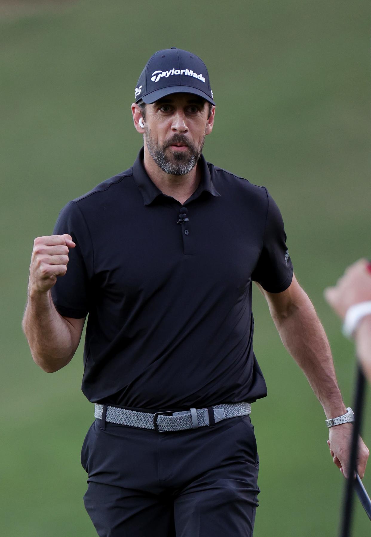 LAS VEGAS, NEVADA - JUNE 01: Aaron Rodgers reacts during Capital One's The Match VI - Brady & Rodgers v Allen & Mahomes at Wynn Golf Club on June 01, 2022 in Las Vegas, Nevada. (Photo by Carmen Mandato/Getty Images for The Match)