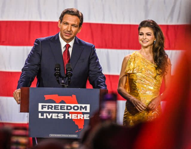 TOPSHOT – Republican gubernatorial candidate for Florida Ron DeSantis with his wife Casey DeSantis speaks during an election night watch party at the Convention Center in Tampa, Florida, on November 8, 2022. – Florida Governor Ron DeSantis, who has been tipped as a possible 2024 presidential candidate, was projected as one of the early winners of the night in Tuesday’s midterm election. (Photo by Giorgio VIERA / AFP) (Photo by GIORGIO VIERA/AFP via Getty Images)