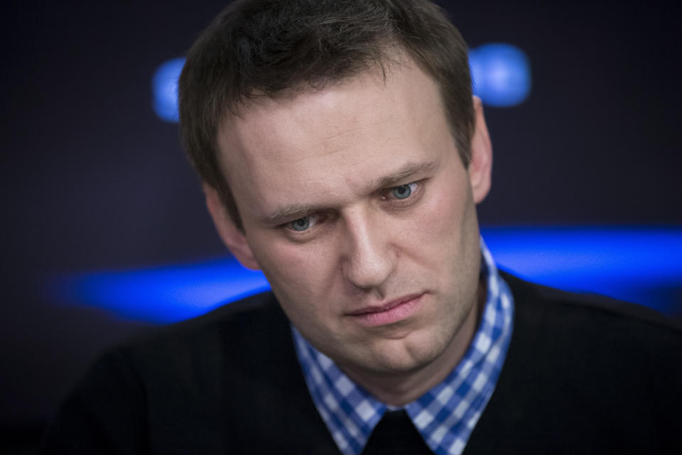 FILE - Russian opposition leader Alexey Navalny listens to a question during an interview at the Echo Moskvy (Echo of Moscow) radio station in Moscow, Russia, Monday, April 8, 2013. A memoir Alexei Navalny began working on in 2020 will be published this fall. “Patriot,” which publisher Alfred A. Knopf is calling the late Russian opposition leader's “final letter to the world,” will come out Oct. 22, 2024. (AP Photo/Alexander Zemlianichenko, File)