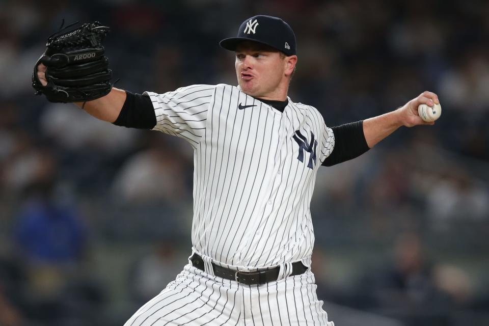 Yankees relief pitcher Justin Wilson throws a pitch against the Los Angeles Angels during the fourth inning at Yankee Stadium.