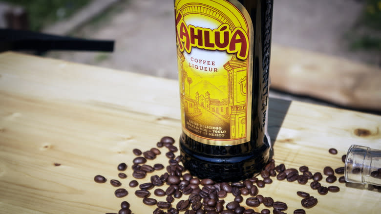 Kahlúa liqueur and coffee beans