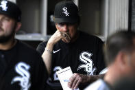 Chicago White Sox manager Tony La Russa looks at players in the dugout before the team's baseball game against the Baltimore Orioles in Chicago, Friday, June 24, 2022. (AP Photo/Nam Y. Huh)