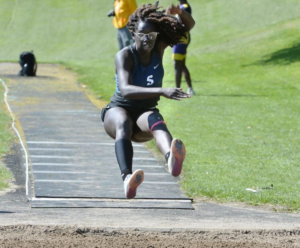 Seneca High School freshman Angel Troutman won the girls long jump during the North East Track & Field Invitational in North East on Saturday.