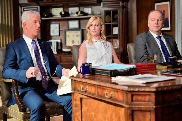 <p> Gregory Jbara as DCPI Garrett Moore, Abigail Hawk as Abigail Baker, and Robert Clohessy as Lt. Gormley</p><p>Photo: John Paul Filo/CBS</p>