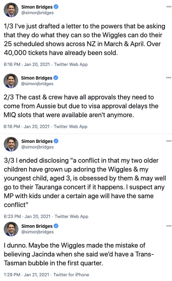 Simon Bridges, MP for Tauranga, who was one of the MPs approached, took to Twitter to share he had "drafted a letter to the powers that be asking that they do what they can" to allow the entertainers into the country for their March and April shows, despite the fact they don't have MIQ spots. Photo: Twitter