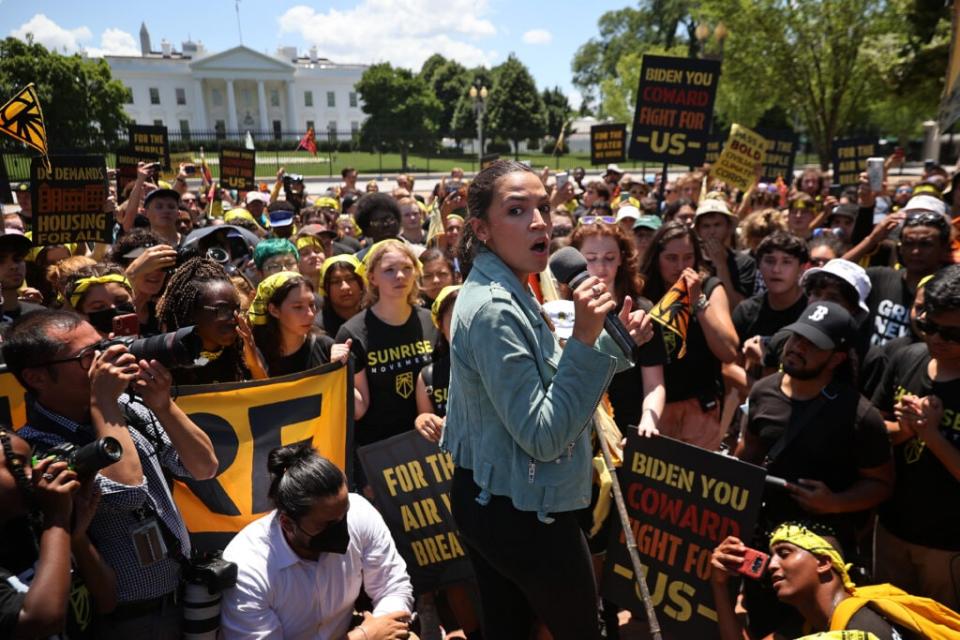 Rep. Alexandria Ocasio-Cortez (D-NY) rallies hundreds of young climate activists in Lafayette Square on the north side of the White House to demand that U.S. President Joe Biden work to make the Green New Deal into law on June 28, 2021 in Washington, DC. (Photo by Chip Somodevilla/Getty Images)