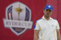 Team Europe's Bernd Wiesberger reacts after missing his putt on the 15th hole during a Ryder Cup singles match at the Whistling Straits Golf Course Sunday, Sept. 26, 2021, in Sheboygan, Wis. (AP Photo/Charlie Neibergall)