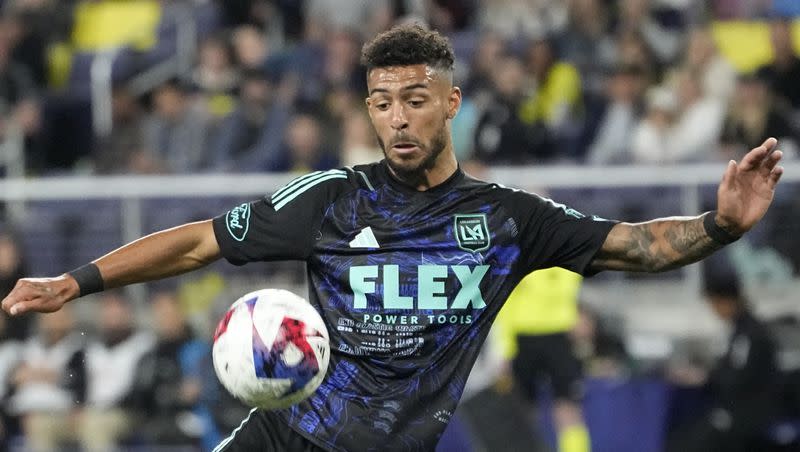 FILE — Los Angeles FC forward Denis Bouanga (99) moves the ball during the second half of an MLS soccer match against Nashville SC Saturday, April 22, 2023 in Nashville, Tenn.