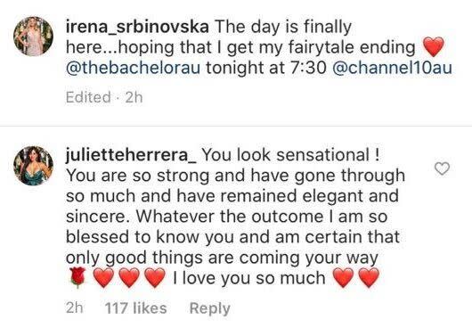 'The Bachelor Australia's Juliette Herrera throws her support behind Irena Srbinovska ahead of the grand finale