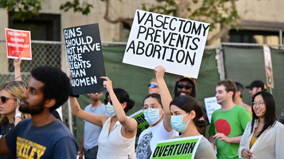 Abortion rights activists on the march, with signs reading: Vasectomy prevents abortion and Guns should not have more rights than women, 