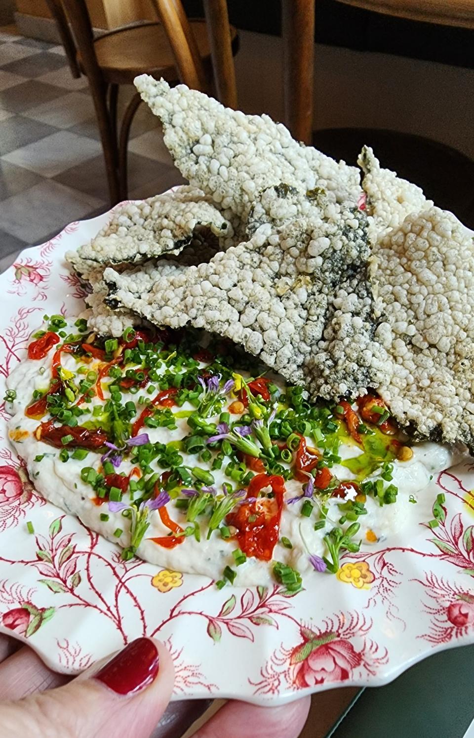 The Smoked Fish Dip with Preserved Calabrian Peppers is served with Puffed Nori Chips at Gift Horse.