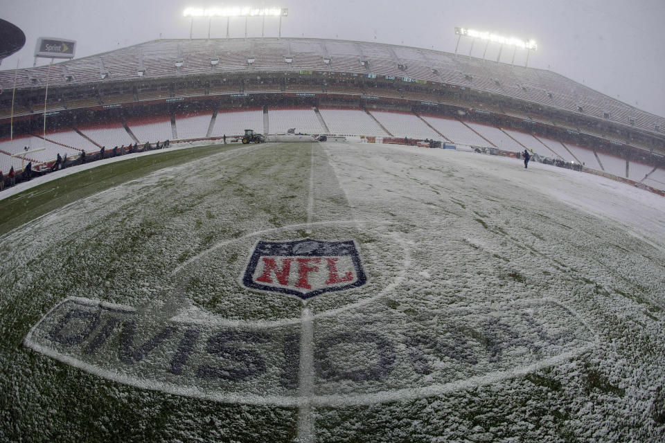 Snow covers the playing field at Arrowhead Stadium before an NFL divisional football playoff game between the Kansas City Chiefs and the Indianapolis Colts in Kansas City, Mo., Saturday, Jan. 12, 2019. (AP Photo/Charlie Riedel)