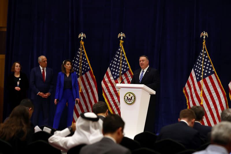 U.S. Secretary of State Mike Pompeo speaks during a news conference after a signing ceremony between members of Afghanistan's Taliban delegation and U.S. officials in Doha