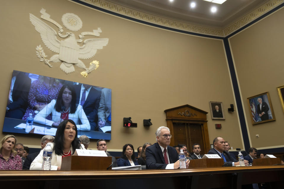 From left, Shelee Kimura, President and Chief Executive Officer of Hawaiian Electric, Mark Glick, Chief Energy Officer of the Hawaii State Energy Office, and Leodoloff Asuncion, Jr., Chairman of the Hawaii Public Utilities Commission, appear before the House Committee on Energy and Commerce on Capitol Hill, Thursday, Sept. 28, 2023, in Washington. (AP Photo/Mark Schiefelbein)