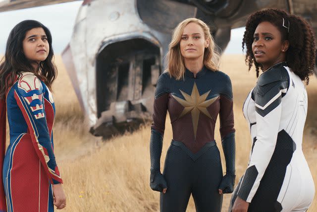 <p>Courtesy of Marvel Studios</p> Iman Vellani, Brie Larson and Teyonah Parris in 'The Marvels'