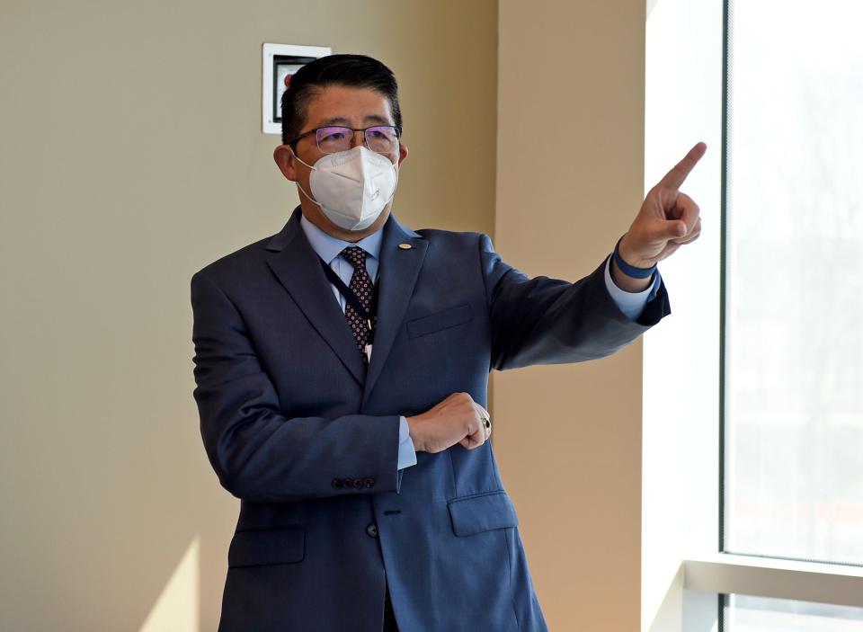 Dr. David Tam, Beebe Healthcare President and CEO, points out the growth of the area during a tour of the new Rehoboth Surgical Specialty Hospital Monday, March 14, 2022, in Rehoboth Beach, Delaware.