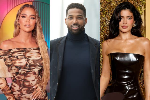 <p>Getty</p> From left: Khloé Kardashian, Tristan Thompson and Kylie Jenner