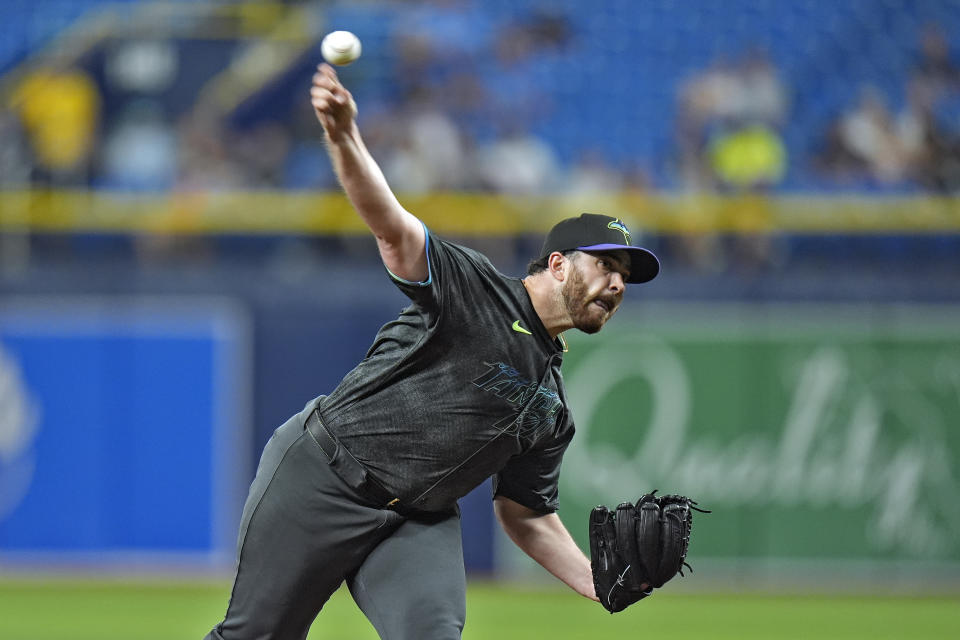 Tampa Bay Rays starting pitcher Aaron Civale delivers to the Chicago White Sox during the first inning of a baseball game Wednesday, May 8, 2024, in St. Petersburg, Fla. (AP Photo/Chris O'Meara)