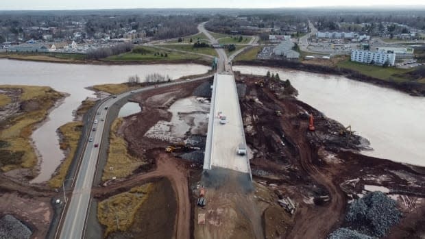 Construction on the new bridge that will replace the Petitcodiac River causeway shown in December 2020. 