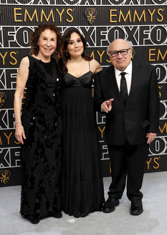 LOS ANGELES, CALIFORNIA - JANUARY 15: (L-R) Rhea Perlman, Lucy DeVito, and Danny DeVito attend the 75th Primetime Emmy Awards at Peacock Theater on January 15, 2024 in Los Angeles, California. (Photo by Kevin Mazur/Getty Images)<p>Kevin Mazur/Getty Images</p>