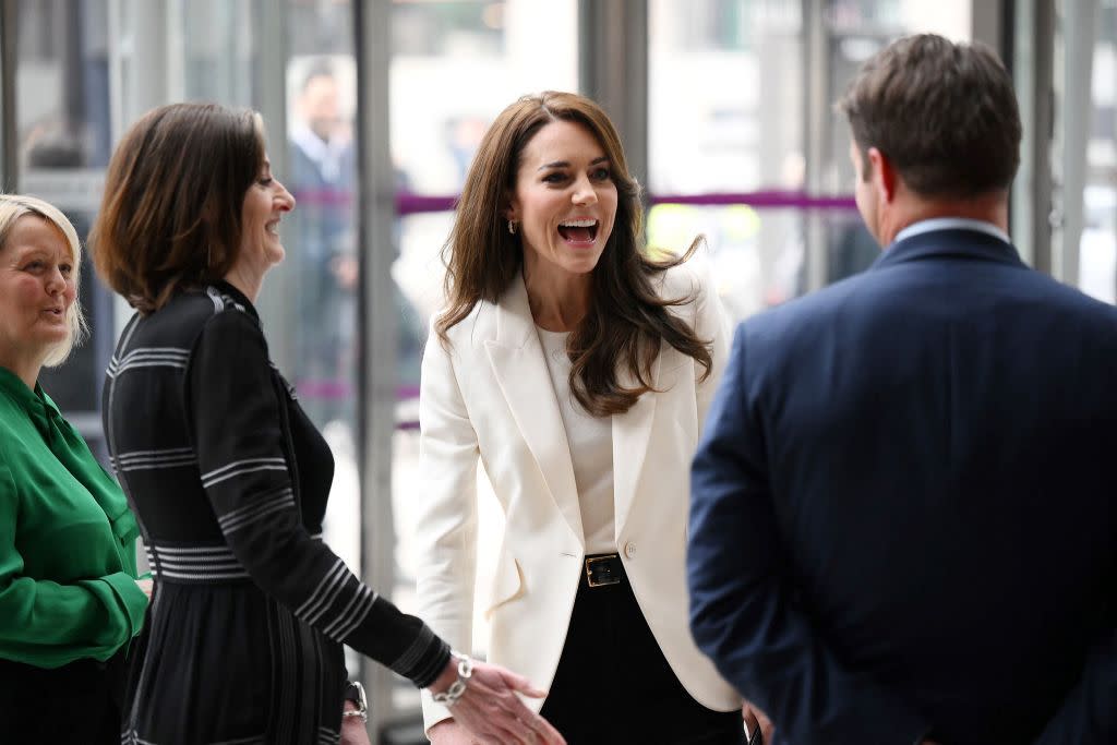 britains catherine, princess of wales, is greeted upon her arrival at natwests headquarters in the city of london on march 21, 2023 to host the inaugural meeting of her new business taskforce for early childhood photo by daniel leal pool afp photo by daniel lealpoolafp via getty images