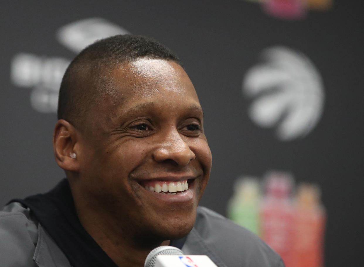 TORONTO, ON- MAY 9  - Masai Ujiri, Raptors president takes questions as the  Toronto Raptors hold media availability after being eliminated by the Cleveland Cavaliers in four games  at the Biosteel Centre on the CNE Grounds in Toronto. May 9, 2018.        (Steve Russell/Toronto Star via Getty Images)