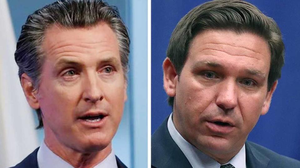 California officials, including Gov. Gavin Newsom, left, are criticizing Florida Gov. Ron DeSantis, whom they believe orchestrated a flight of migrants from Texas to Sacramento. On Monday, Newsom, a Democrat who’s traded barbs with his Republican rival, called his the presidential candidate a “small, pathetic man.”