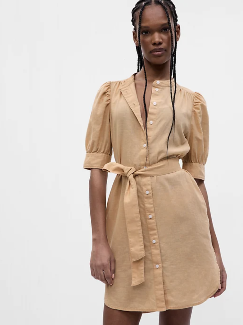 Puff Sleeve Linen-Cotton Shirtdress in Cashew Crunch Brown (Photo via Gap)