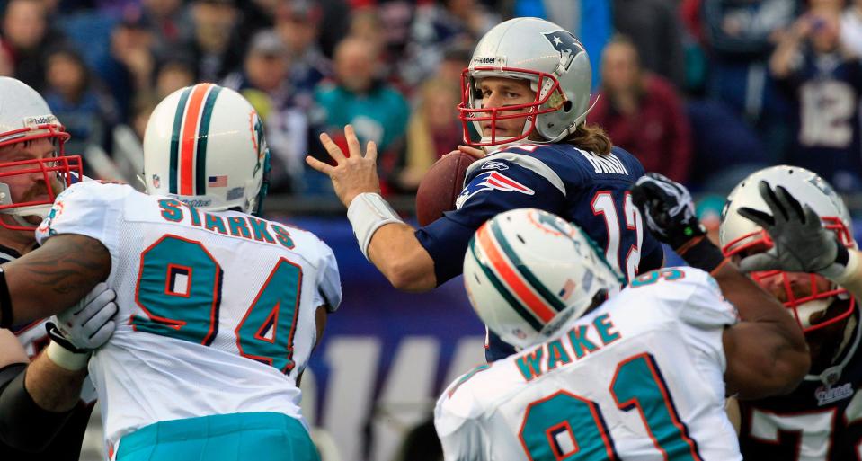 Tom Brady once passed against the Dolphins while playing for the Patriots but he will wear a Miami uniform in the future.