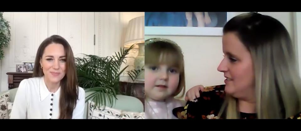 Kate Middleton speaks with mother Vicky Jones and her three-year-old daughter Isla via zoom