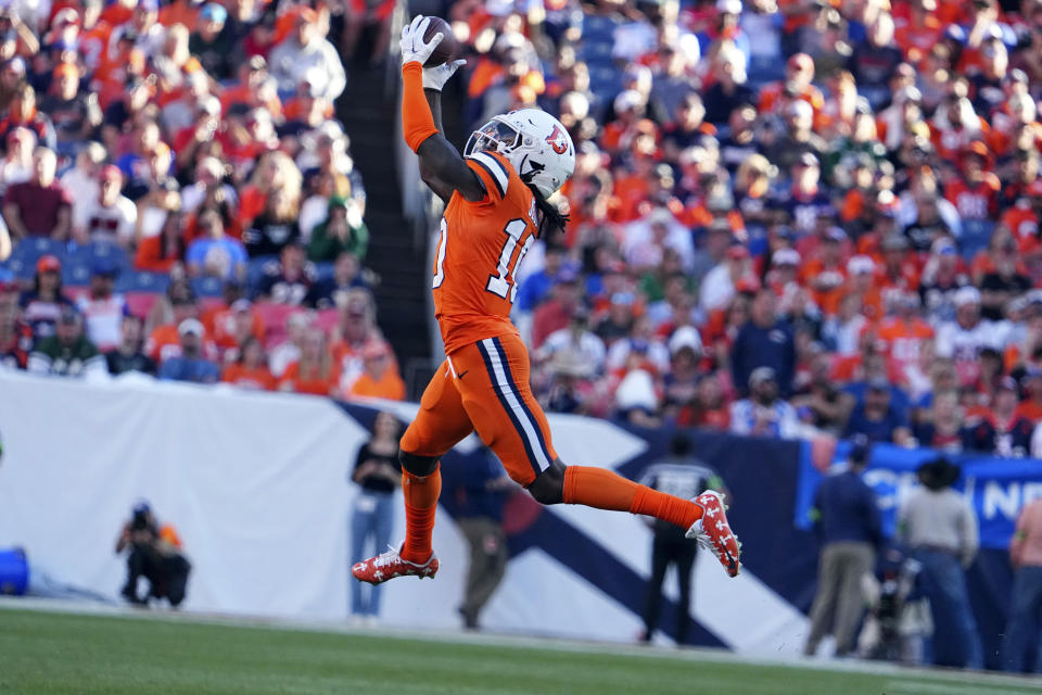 FILE - Denver Broncos wide receiver Jerry Jeudy (10) against the New York Jets of an NFL football game Sunday October 8, 2023, in Denver. The Broncos have agreed to send wide receiver and former first-round pick Jerry Jeudy to the Cleveland Browns for a pair of 2024 draft picks, two people with knowledge of the trade told The Associated Press on Saturday, March 9, 2024. (AP Photo/Bart Young, File)