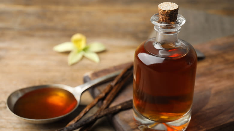 Vanilla extract bottle and ingredients