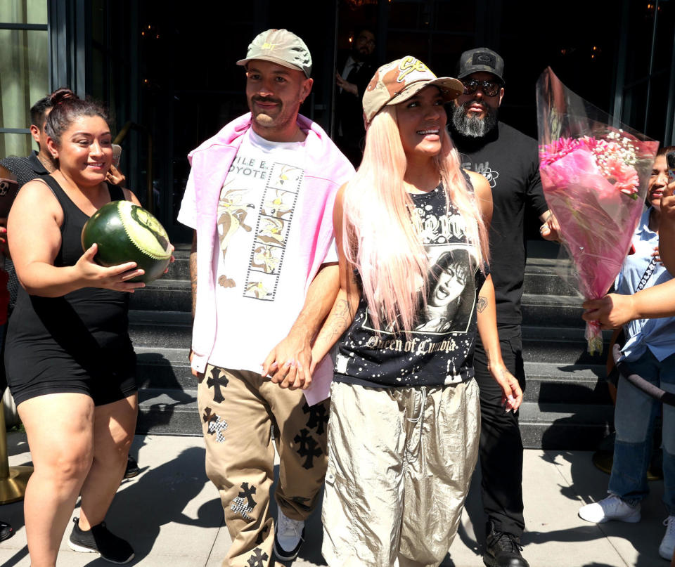 Feid and Karol G are seen holding hands on Sept. 7, 2023 in New York City. (Jose Perez/Bauer-Griffin/GC Images / Jose Perez/Bauer-Griffin/GC Images)