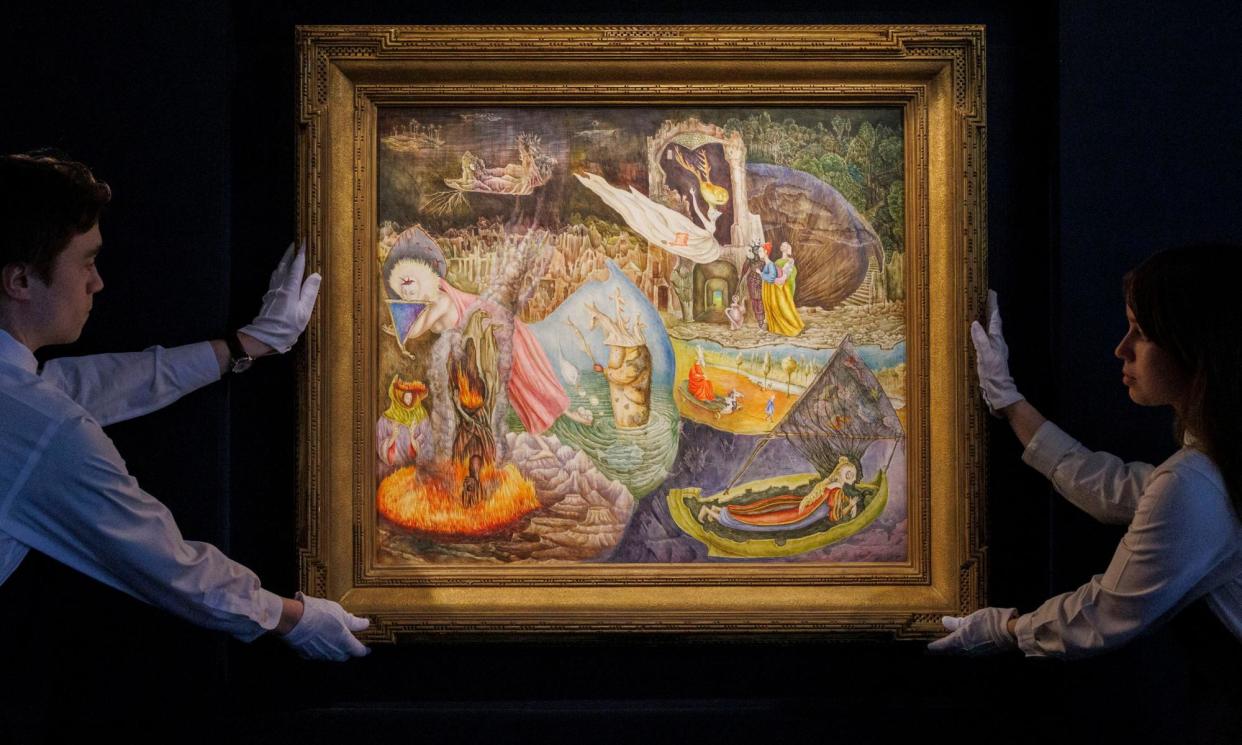 <span>Leonora Carrington's Les Distractions de Dagobert ‘is one of the most admired works in the history of surrealism’, said the painting’s buyer. </span><span>Photograph: Sarah Yenesel/EPA</span>